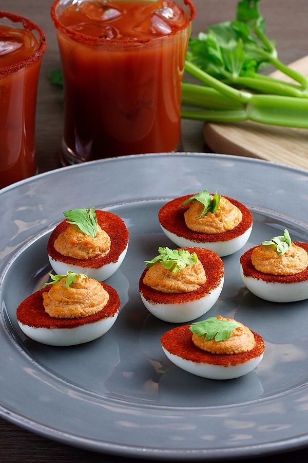 Spicy Bloody Mary Deviled Eggs