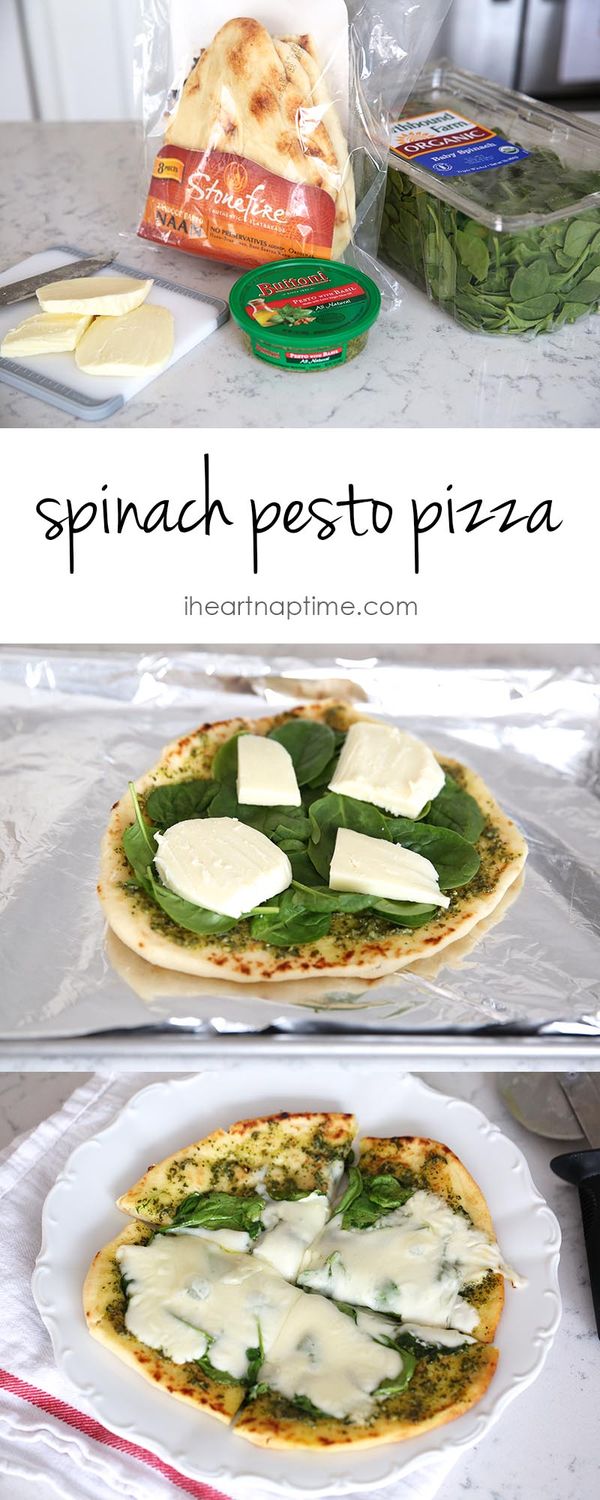 Spinach pesto pizza with fresh mozzarella