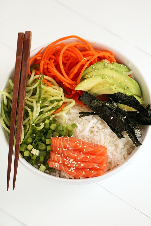 Spiralized Sushi Bowl with Salmon Sashimi and Ginger Miso Dressing