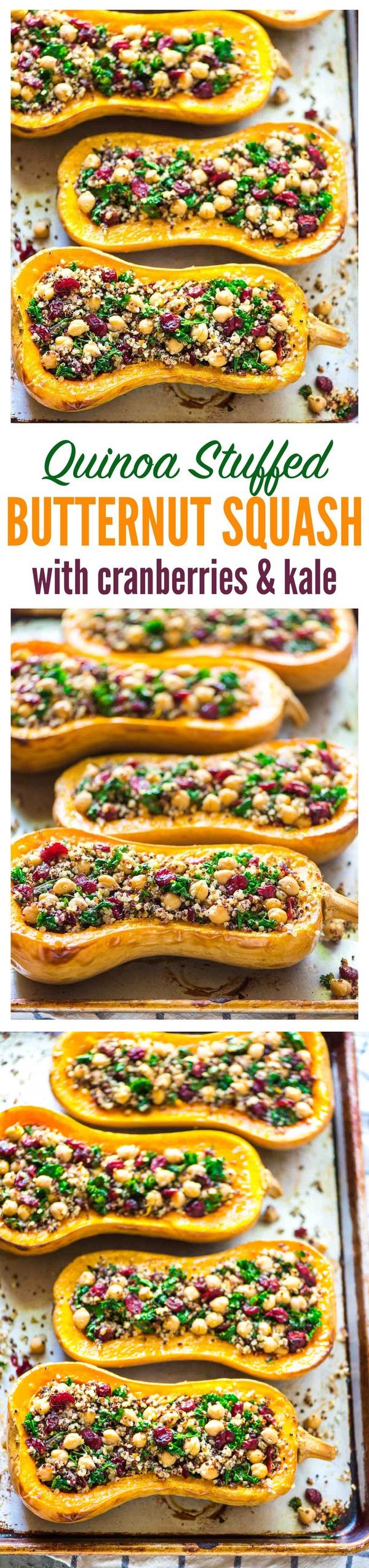 Stuffed Butternut Squash with Quinoa, Kale, Cranberries, and Chickpeas