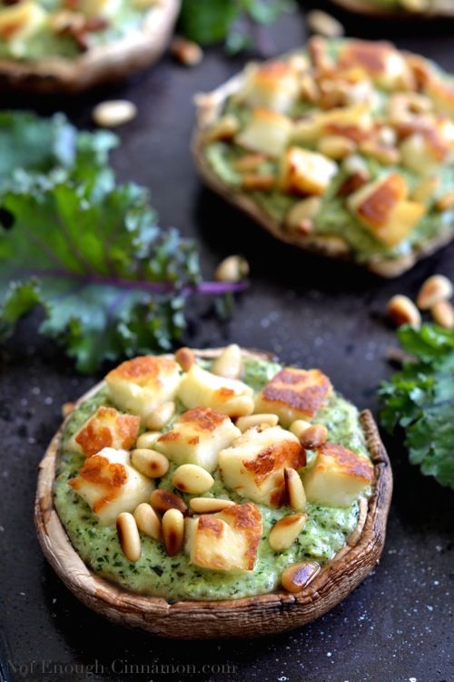 Stuffed Portobello Mushrooms with Ricotta, Pesto and Grilled Haloumi