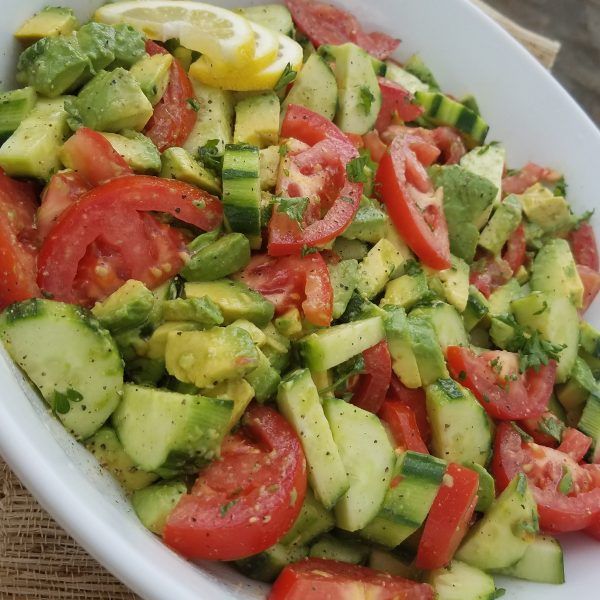 Summer Tomato Avocado Salad w/ our favorite homemade Greek dressing