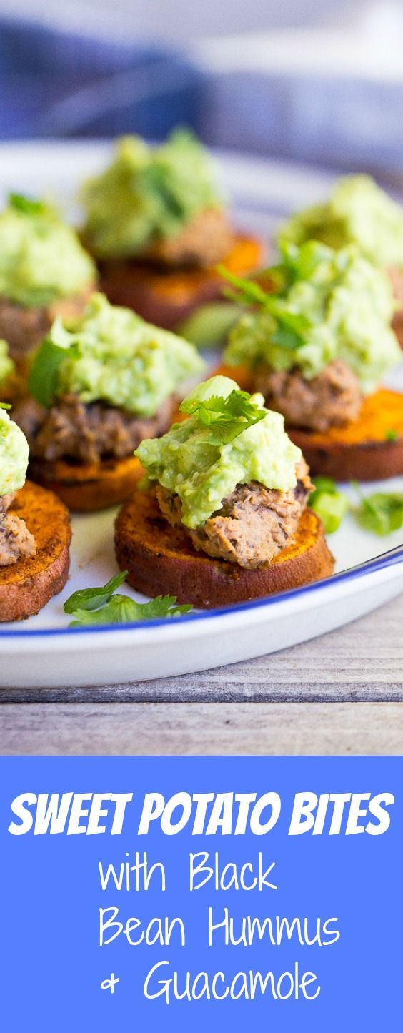 Sweet Potato Bites with Black Bean Hummus & Guacamole