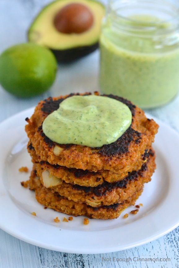 Sweet Potato Quinoa Patties with Creamy Cilantro Avocado Sauce