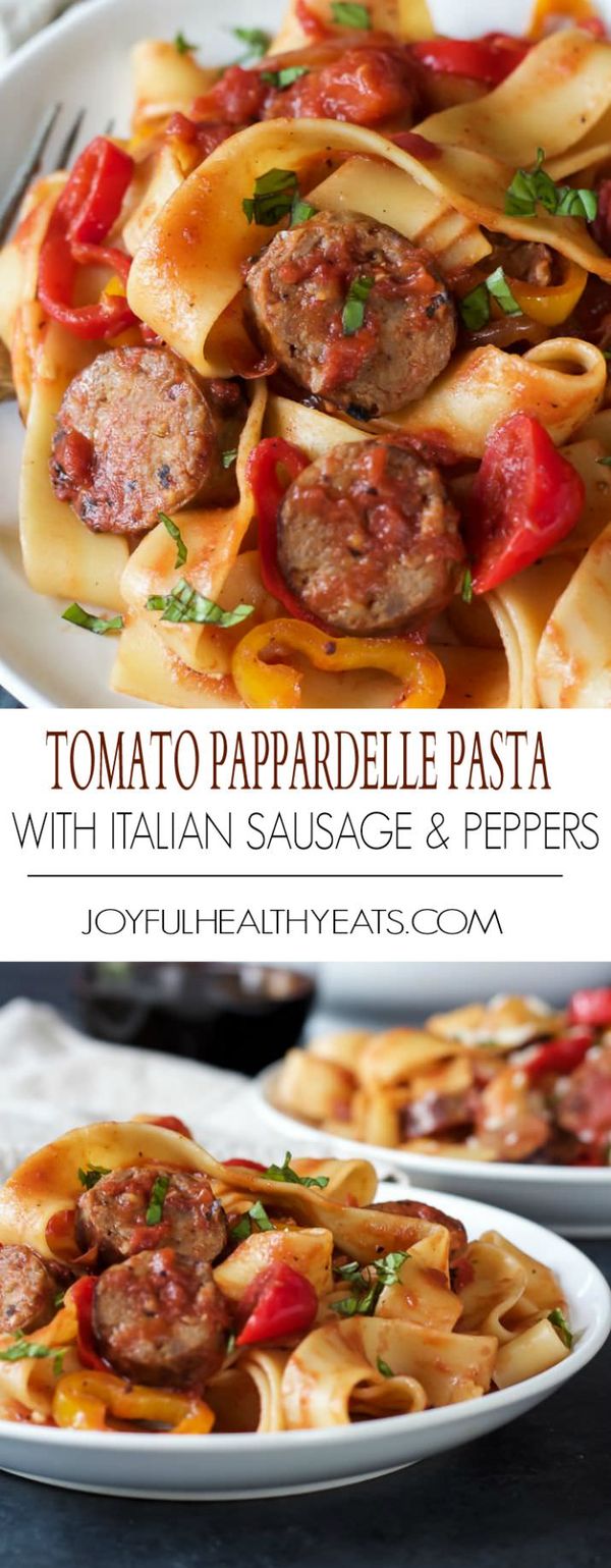 Tomato Pappardelle Pasta with Italian Sausage and Peppers