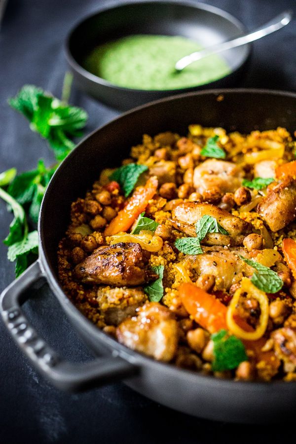 Tunisian Chicken (or Chickpeas with cous cous and Green Harissa Yogurt Sauce