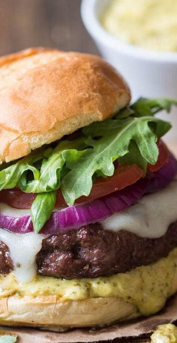 Tuscan Garlic Burgers with Pesto Mayo