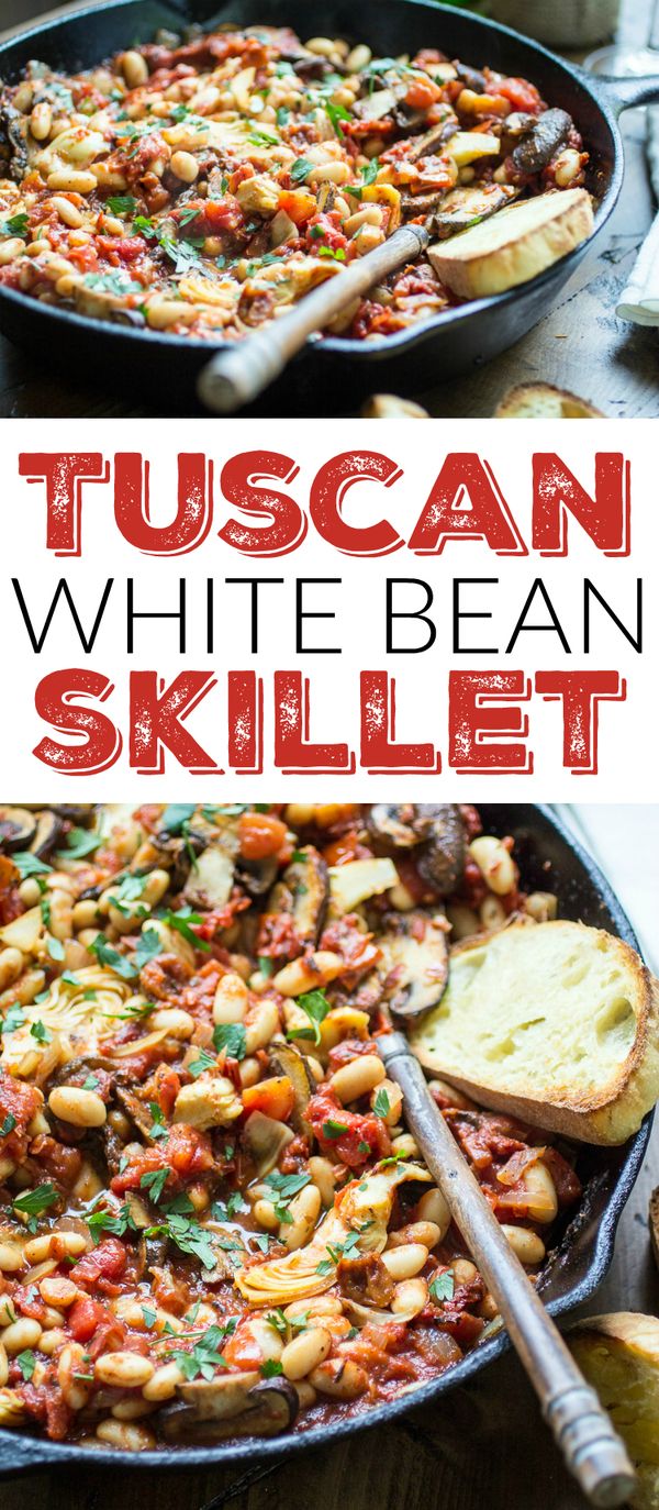 Tuscan White Bean Skillet with Tomatoes, Mushrooms, and Artichokes