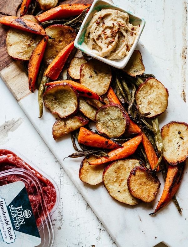 Umeboshi Roasted Vegetables with Creamy Tahini Ginger Dip