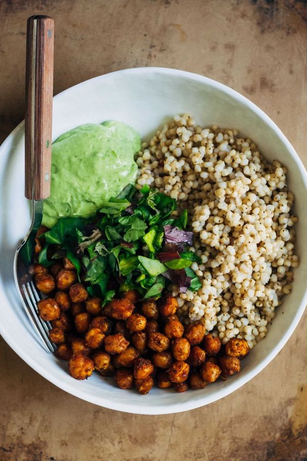 Vegan Buddha Bowl w/ Sorghum + Curry Chickpeas + Avocado Vinaigrette