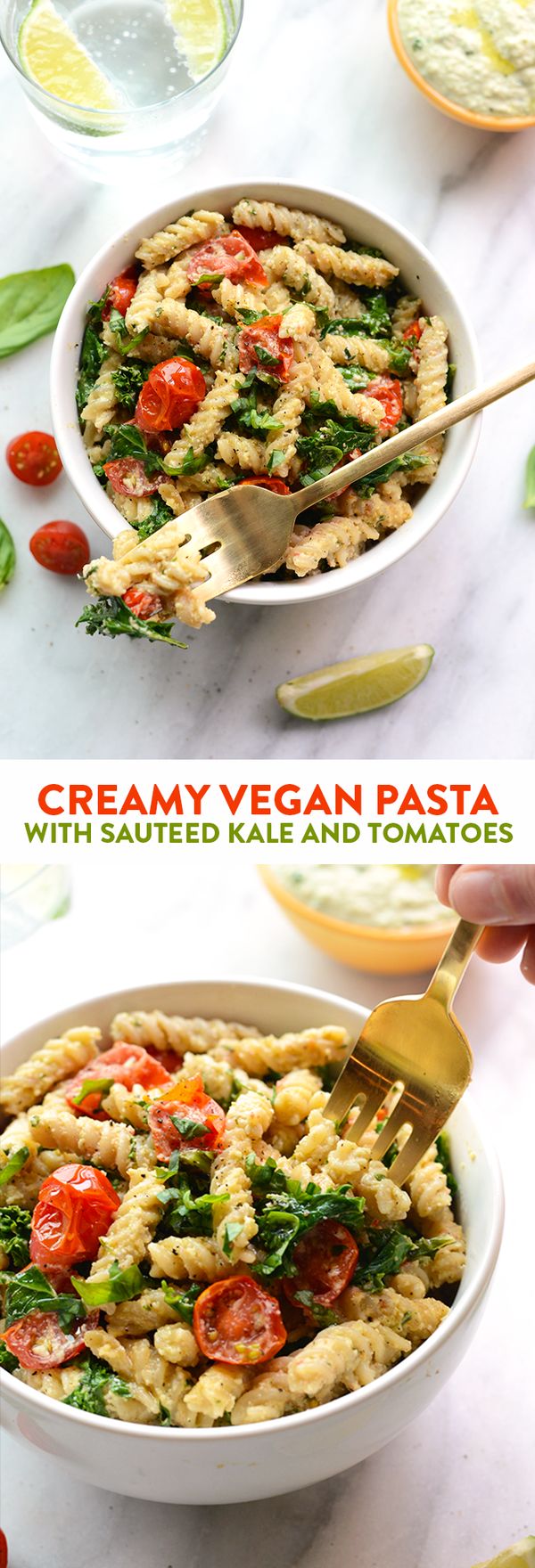 Vegan Cheezy Pasta with Basil, Kale, and Tomatoes