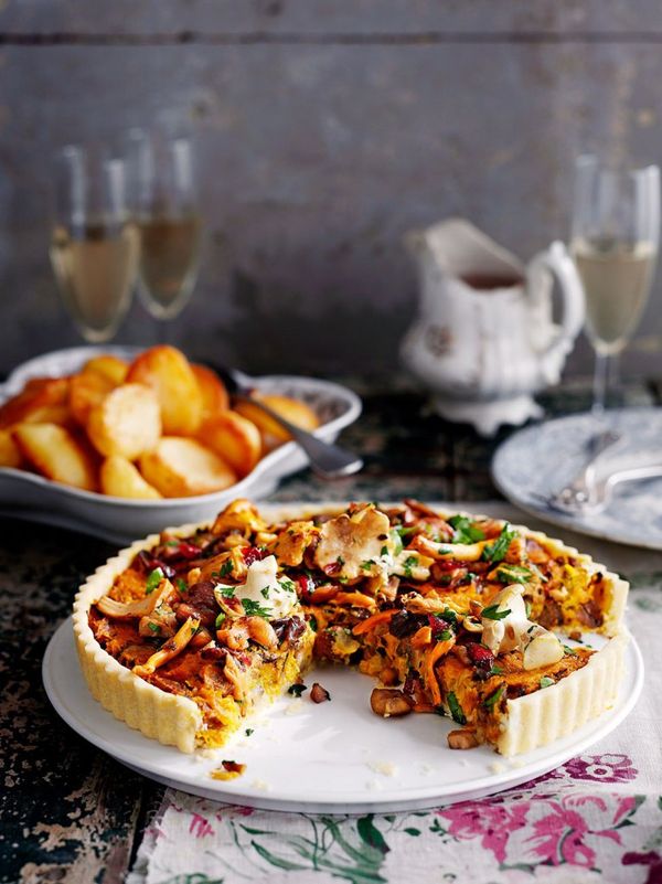 Vegan mushroom, chestnut & cranberry tart