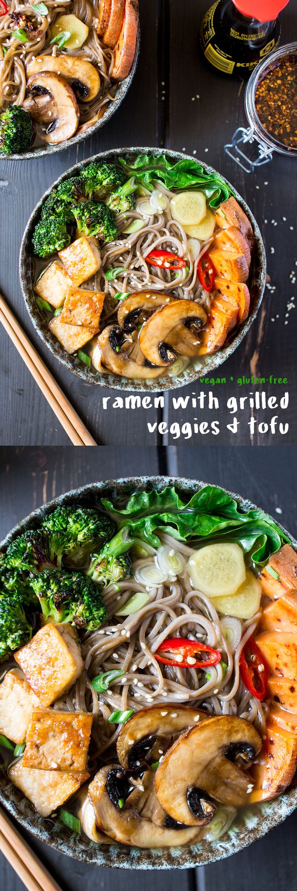 Vegan ramen with grilled vegetables and tofu