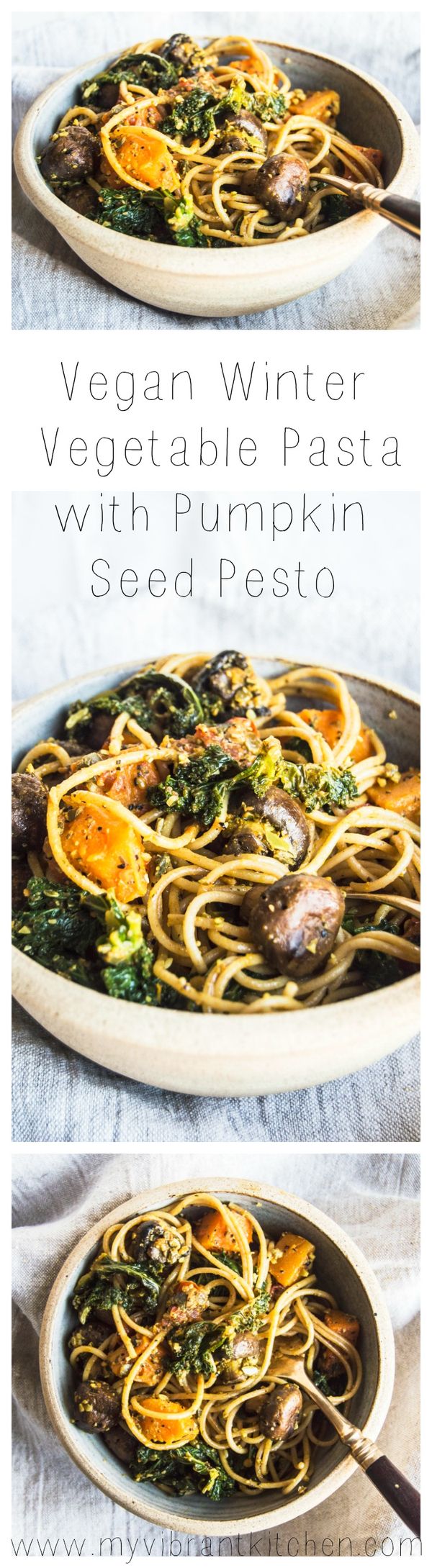 Vegan Winter Vegetable Pasta with Pumpkin Seed Pesto