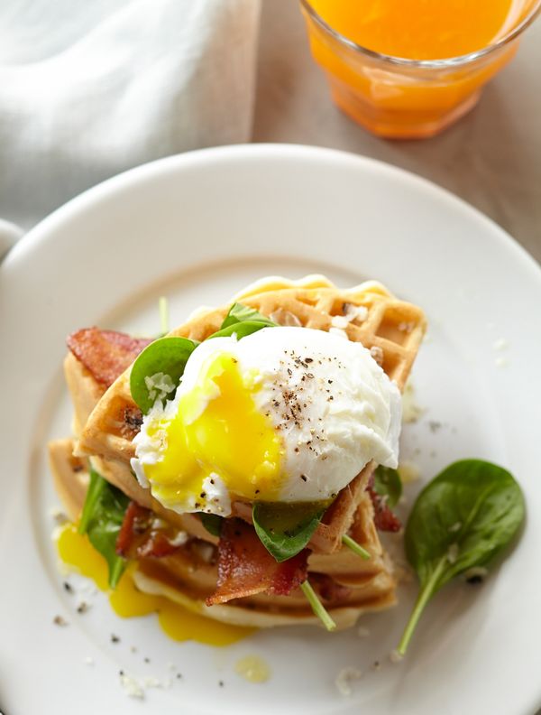 Waffles with Poached Eggs, Bacon and Spinach