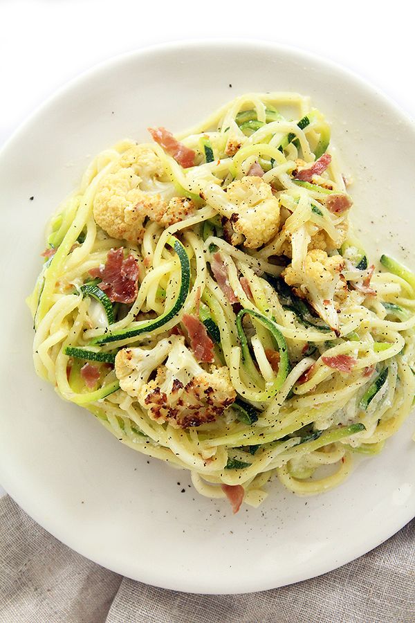 Zucchini Spaghetti, Crispy Prosciutto and Roasted Cauliflower with Lemon-Parmesan Sauce