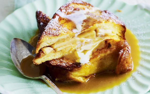 Apple-stuffed french toast with butterscotch sauce