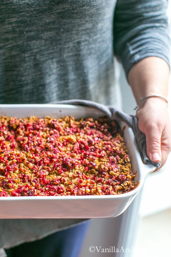 Apple Walnut Baked Oats with Date Butter and Cranberry Crumble