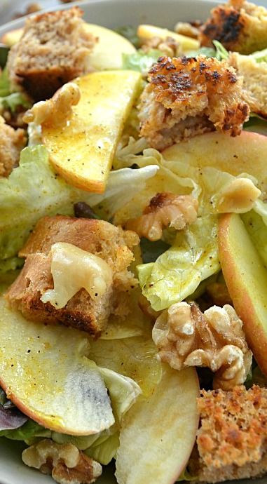 Apple Walnut Salad with Grilled Cheese Croutons + Apple Cider Dressing