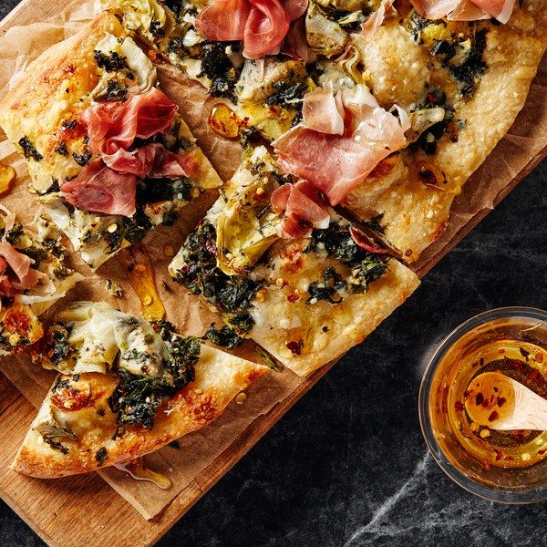 Artichoke, Spinach, and Prosciutto Flatbreads With Spicy Honey