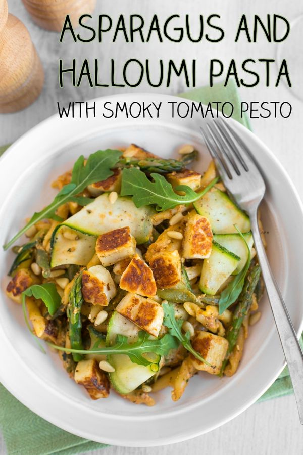 Asparagus and halloumi pasta with smoky tomato pesto