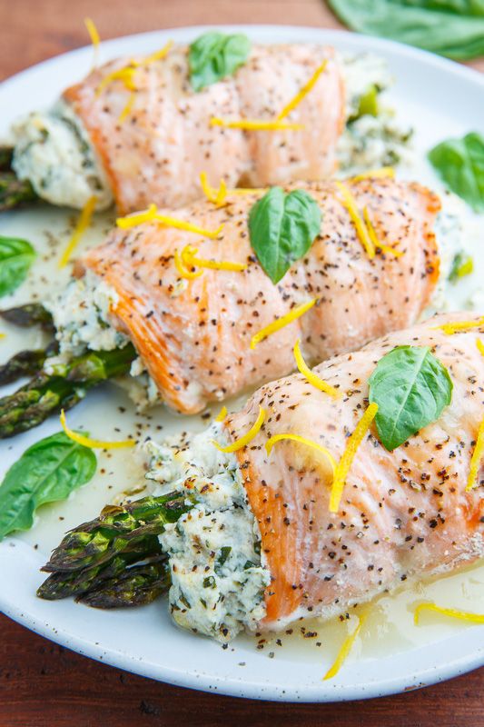 Asparagus and Lemon and Basil Ricotta Stuffed Salmon Rolls with Lemon Sauce