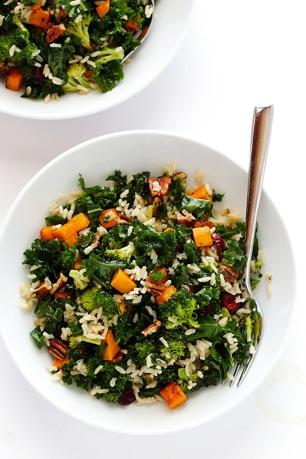 Autumn Kale Salad with Sweet Potatoes, Broccoli and Brown Rice