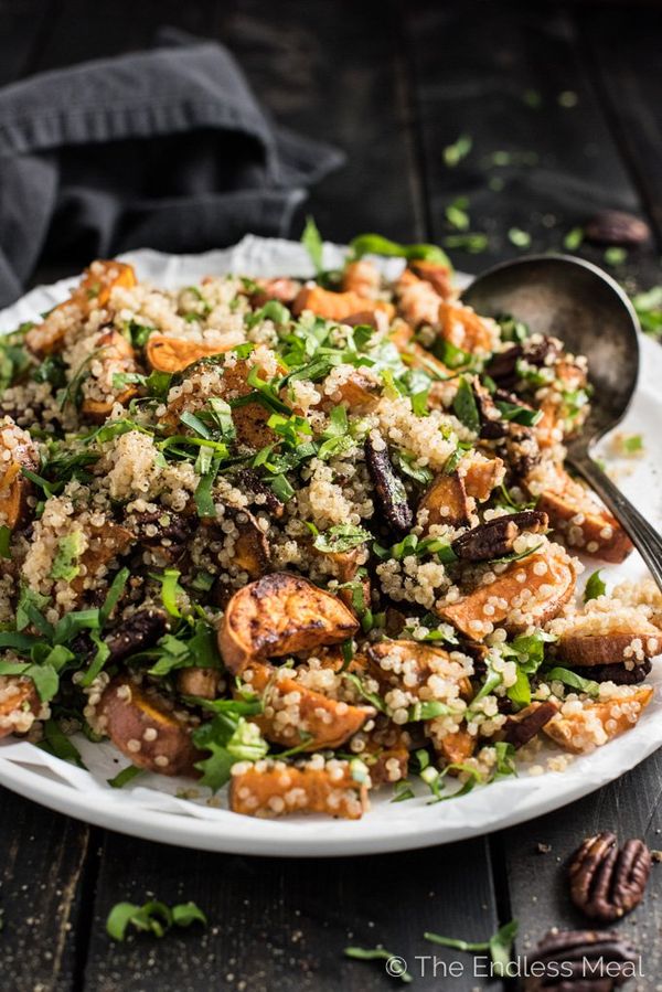 Autumn Quinoa Salad with Sweet Potatoes, Pecans, and Bitter Greens