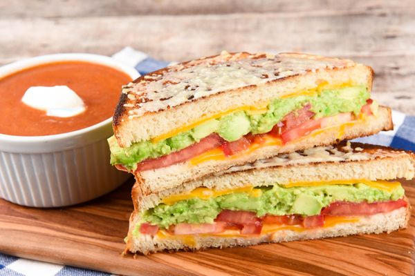 Avocado Grilled Cheese on Sourdough with tomato soup