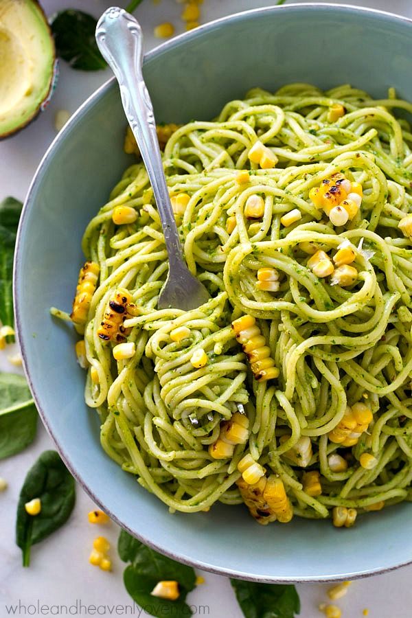 Avocado Pesto Spaghetti with Grilled Corn