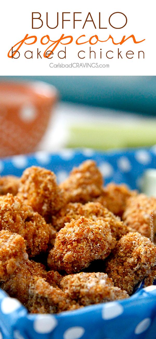 Baked Buffalo Popcorn Chicken with Creamy Honey Buffalo Dip