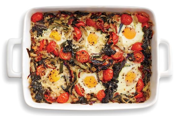 Baked Eggs with Creamed Kale and Turkey Bacon