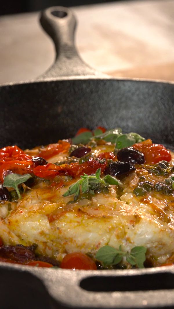 Baked Halibut with Tomatoes, Olives and White Wine