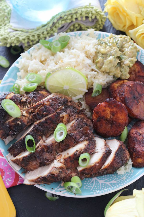 Baked Jerk Chicken with Coconut Rice & Cinnamon Sweet Plantains