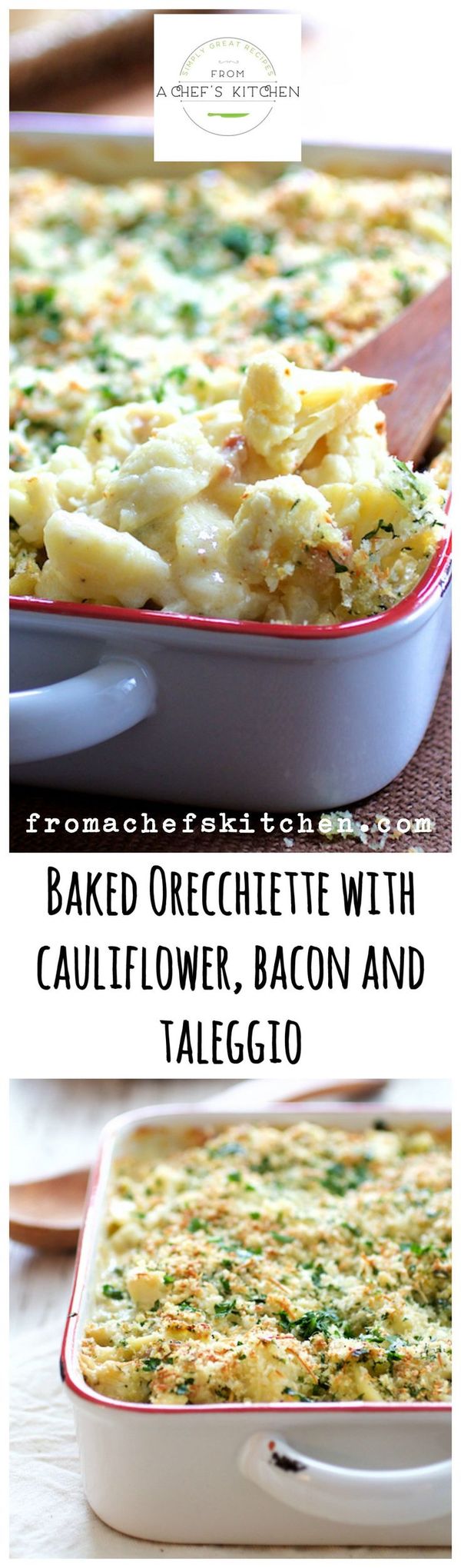 Baked Orecchiette with Cauliflower Bacon and Taleggio