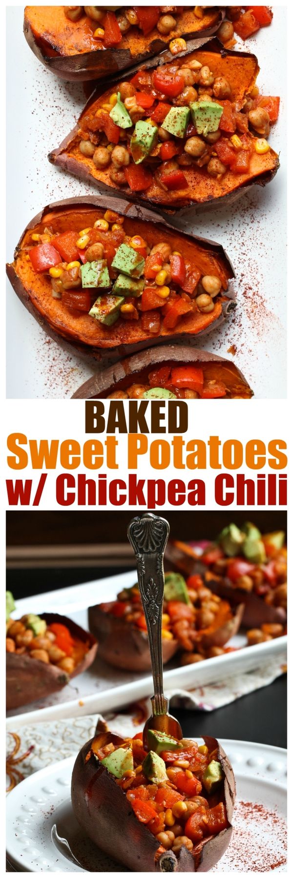 Baked Sweet Potatoes Stuffed with Chickpea Chili