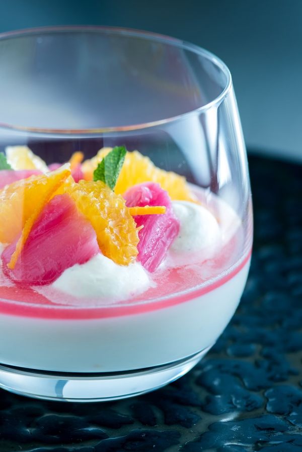 Baked yoghurt with poached rhubarb and confit orange