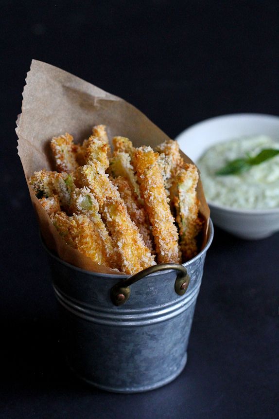 Baked Zucchini Fries with Pesto Yogurt Dipping Sauce