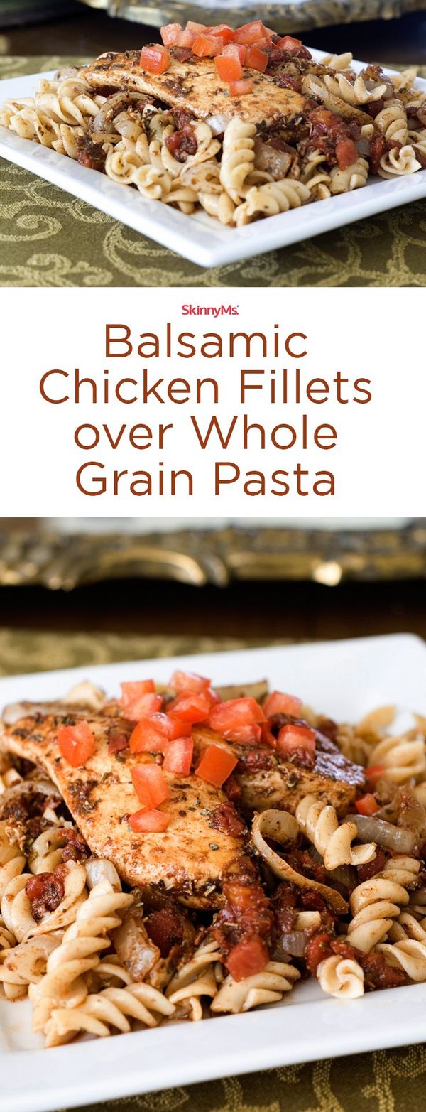 Balsamic Chicken Fillets over Whole Grain Pasta