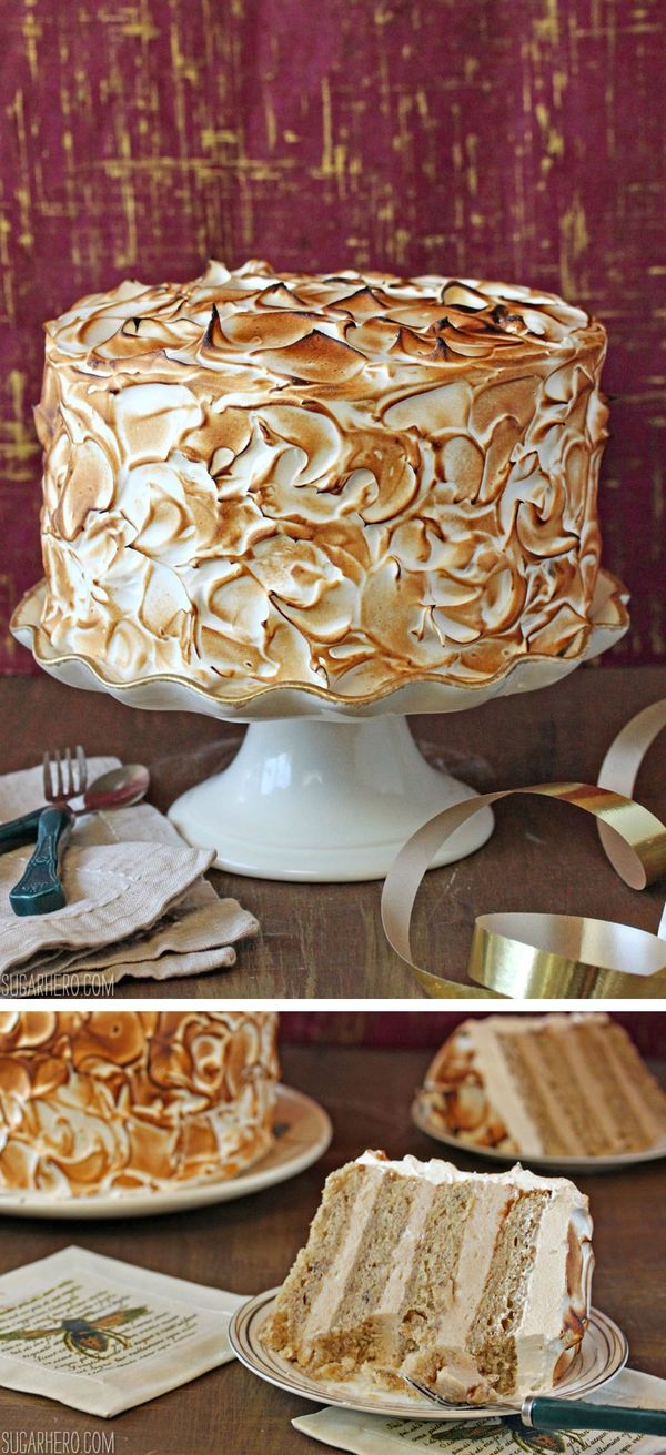 Banana Meringue Cake with Cinnamon-Sour Cream Ganache