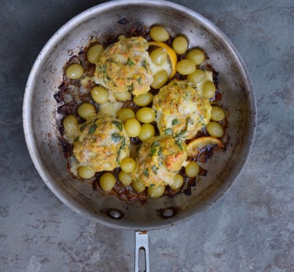 Basil Chicken Meatballs with Caramelized Lemon & Grapes