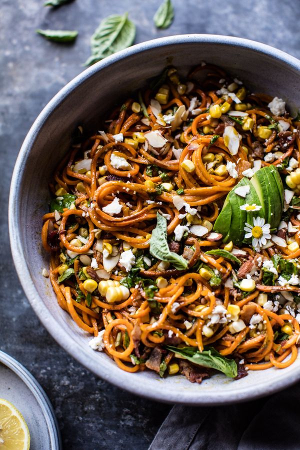 Basil Sweet Potato Noodle, Feta and Sweet Corn Miso Carbonara