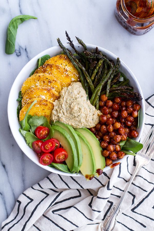 BBQ Chickpea and Crispy Polenta Bowls with Asparagus + Ranch Hummus