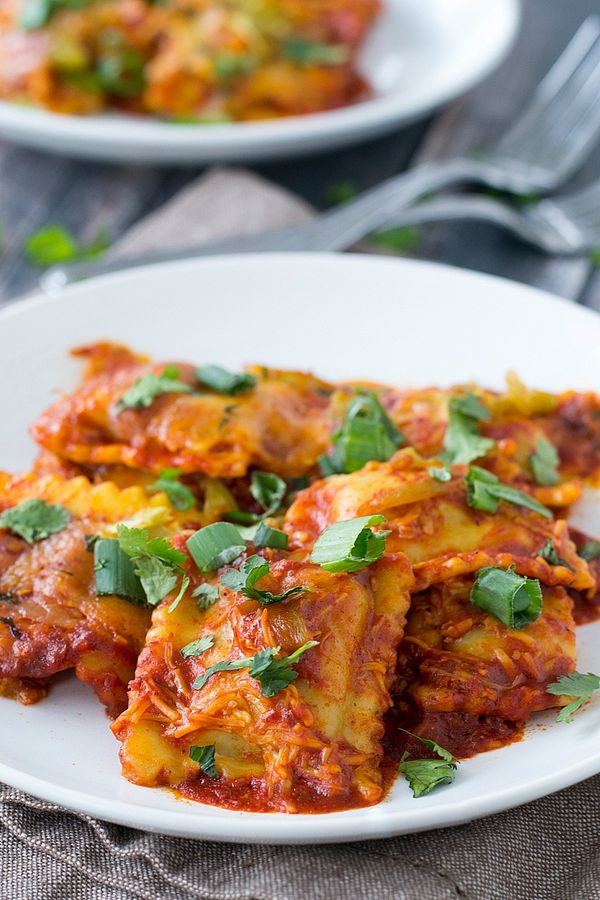 Beef Enchilada Ravioli Bake