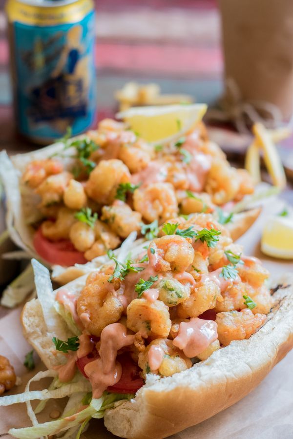 Beer Battered Shrimp Po'boy with Sriracha Remoulade