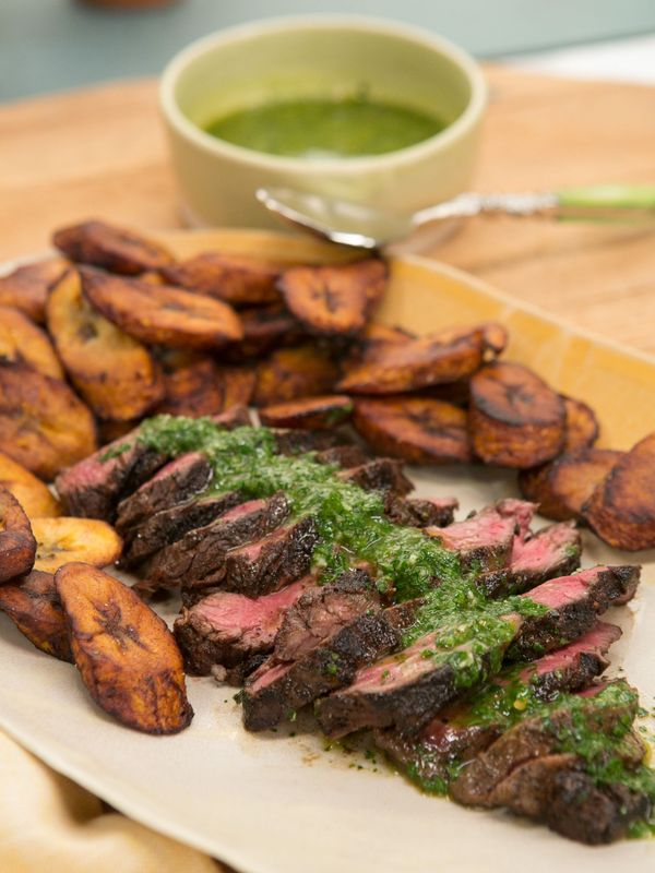 Blackened Hanger Steak with Plantains and Chimichurri