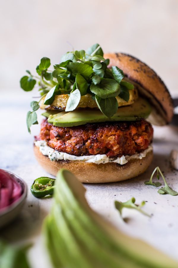 Blackened Salmon Burgers with Herbed Cream Cheese