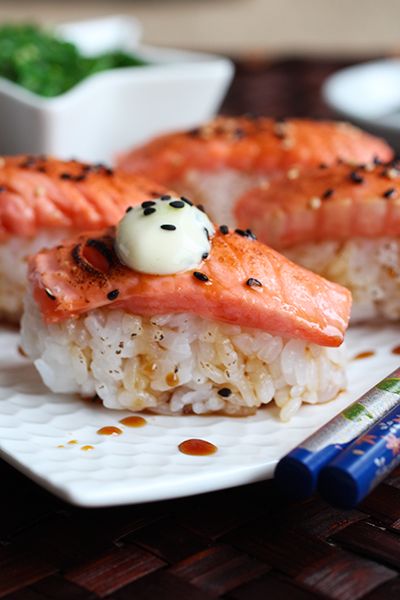 Blowtorched salmon nigiri sushi