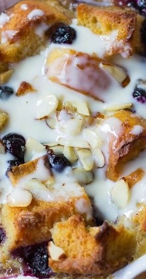 Blueberry White Chocolate Bread Pudding with Amaretto Cream Sauce