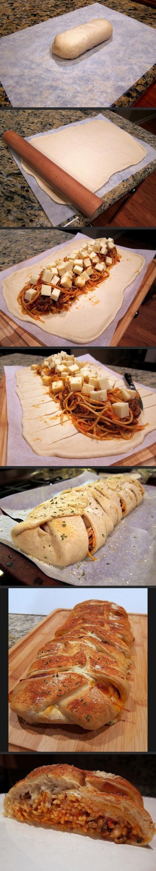 Braided Spaghetti Bread (Spaghetti Baked Inside Garlic Bread